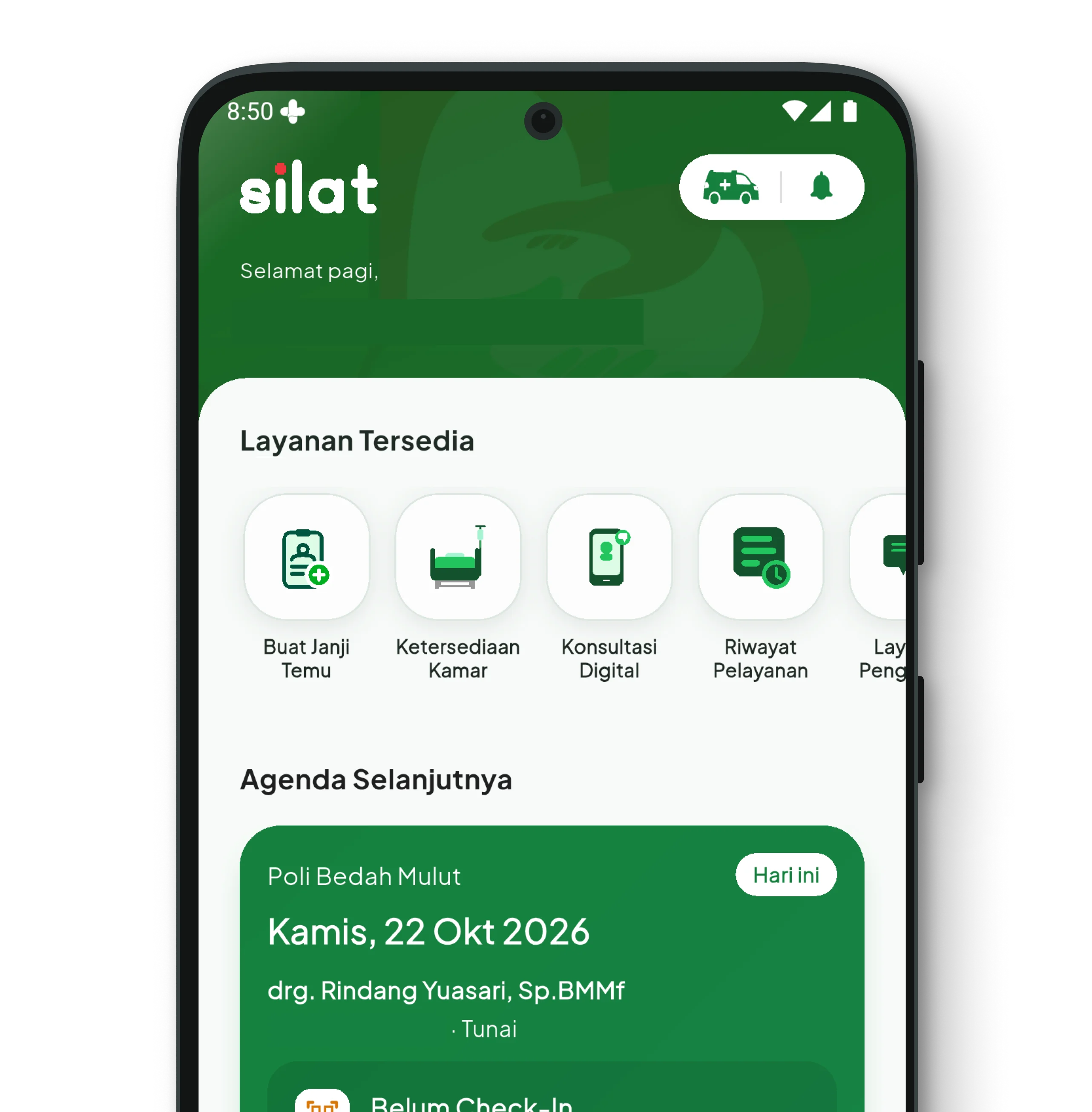 Tampilan beranda aplikasi RSUD Benda Mobile